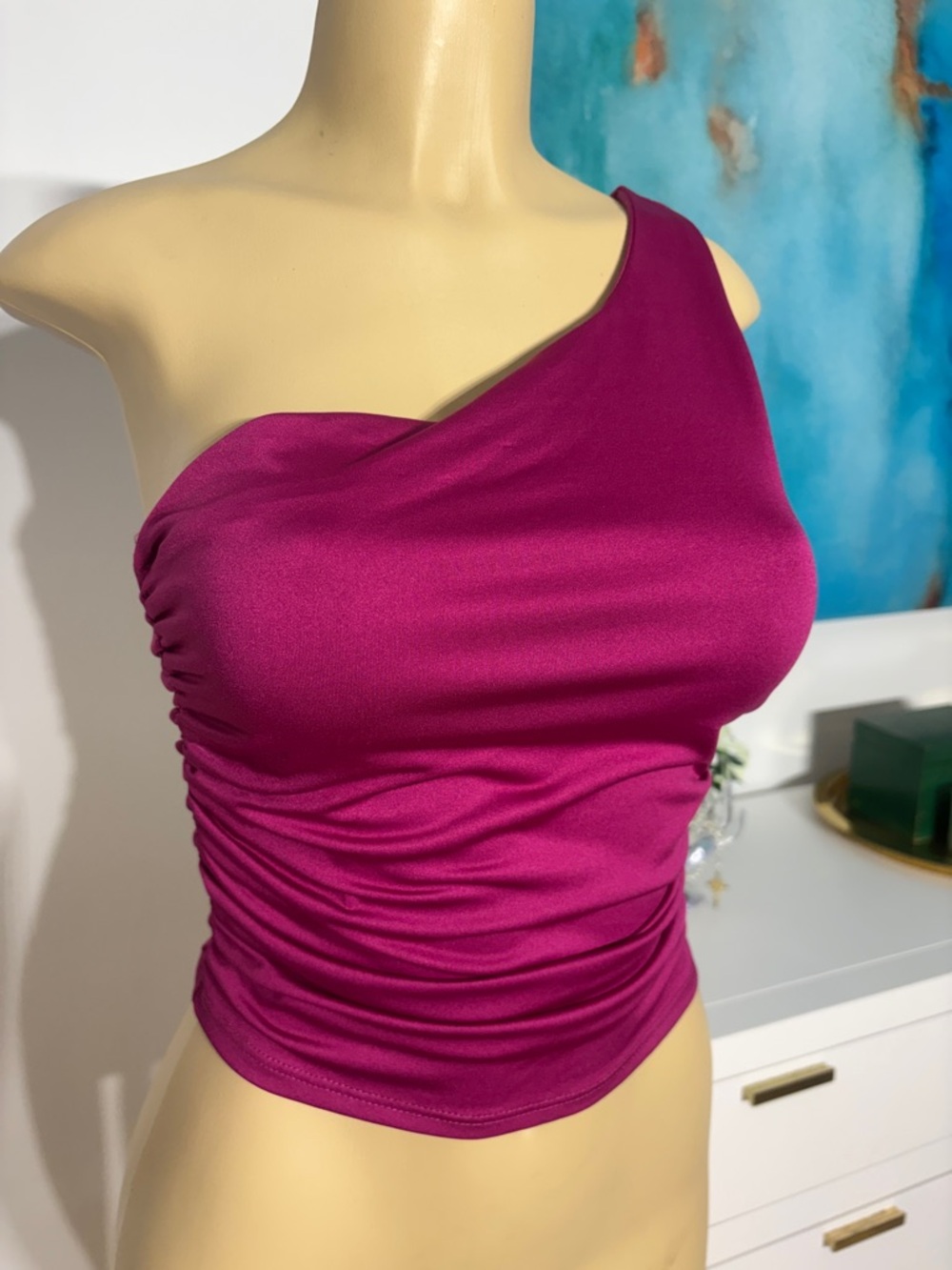 One-Shoulder Ruched Magenta Tank Top